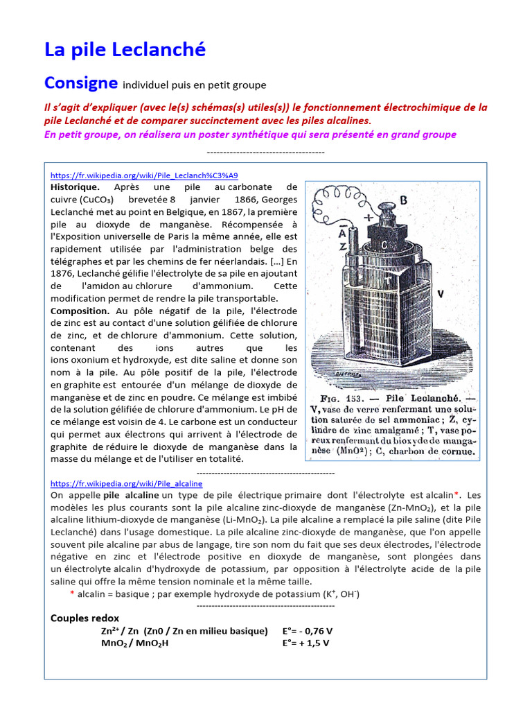 Fonctionnement de la pile Leclanché | PDF | Électrochimie | Substances ...