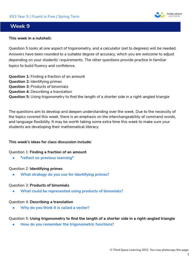 Yr9 Fluent in Five, Spring Term Week 9 | PDF | Trigonometry | Fluency