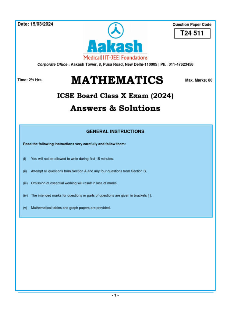 ICSE Class X Mathematics Exam Solutions 2024 | PDF | Triangle | Circle