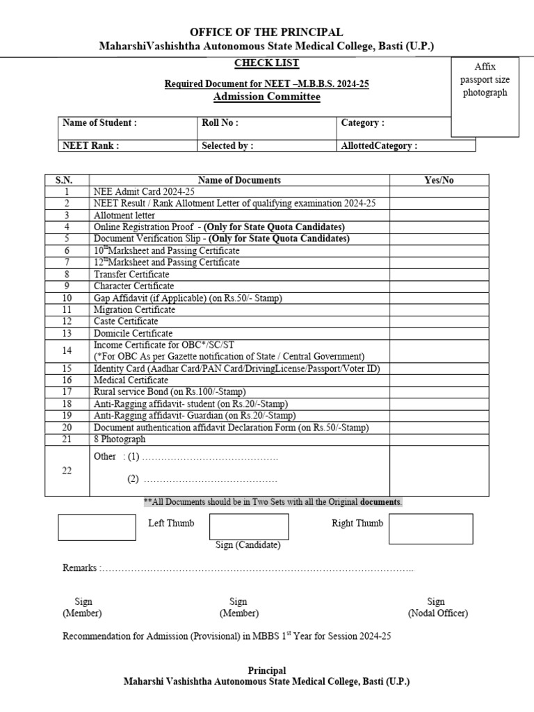 MBBS Admission Document Checklist 2024-25 | PDF | Identity Document ...