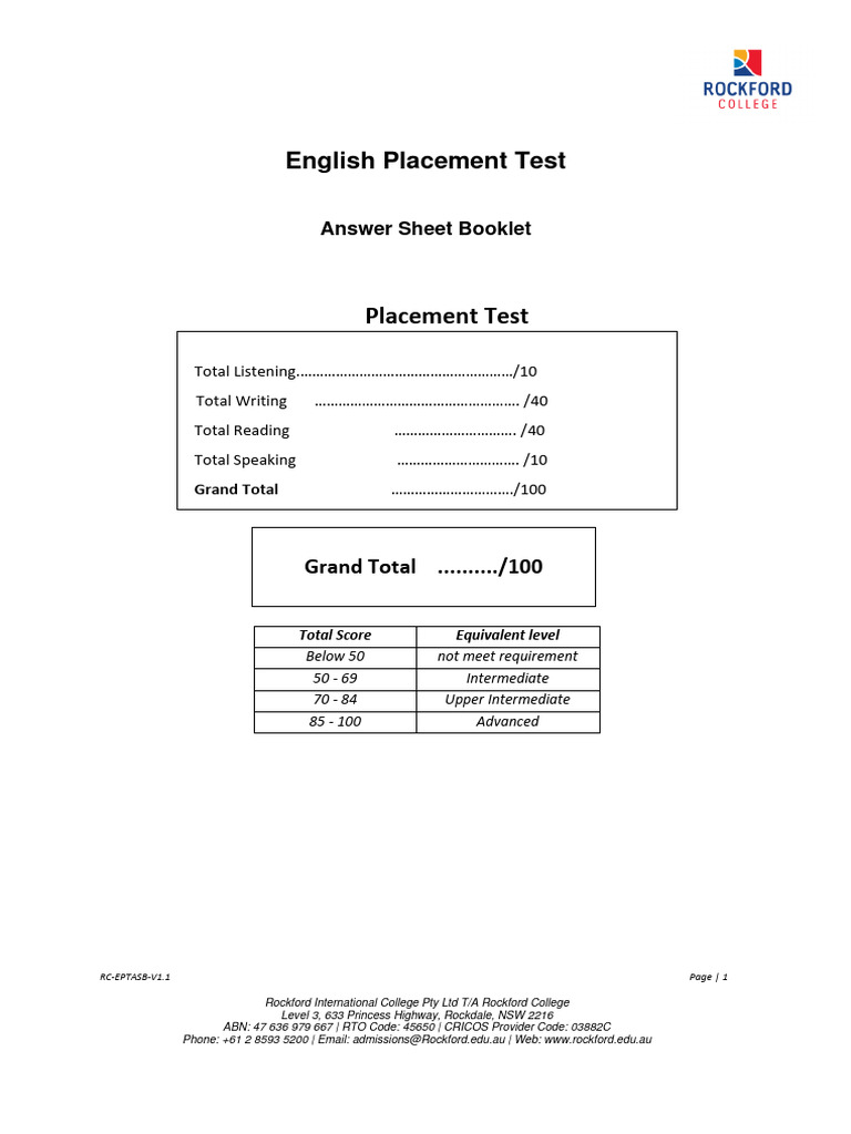 English Placement Test Answer Sheet | PDF | Human Communication ...