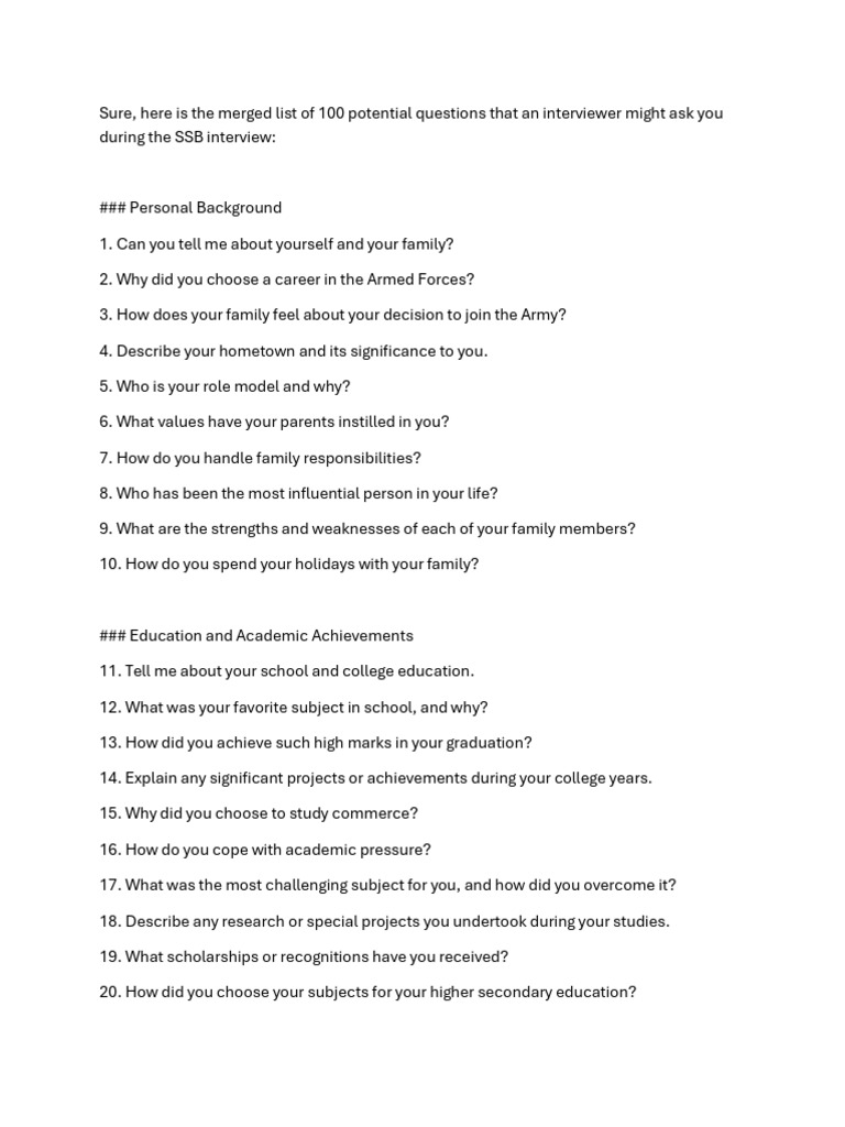 Questions For SSB Interview | PDF | Leadership | Goal