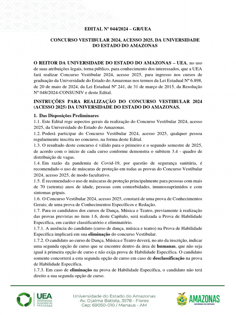 Edital Vestibular UEA 2024/2025 | PDF | Ensino Superior | Estágios ...