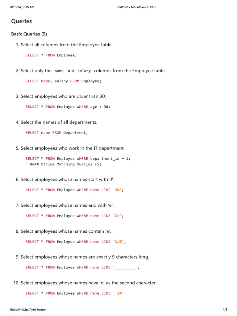 SQL Practice Queries Solutions 1 | PDF