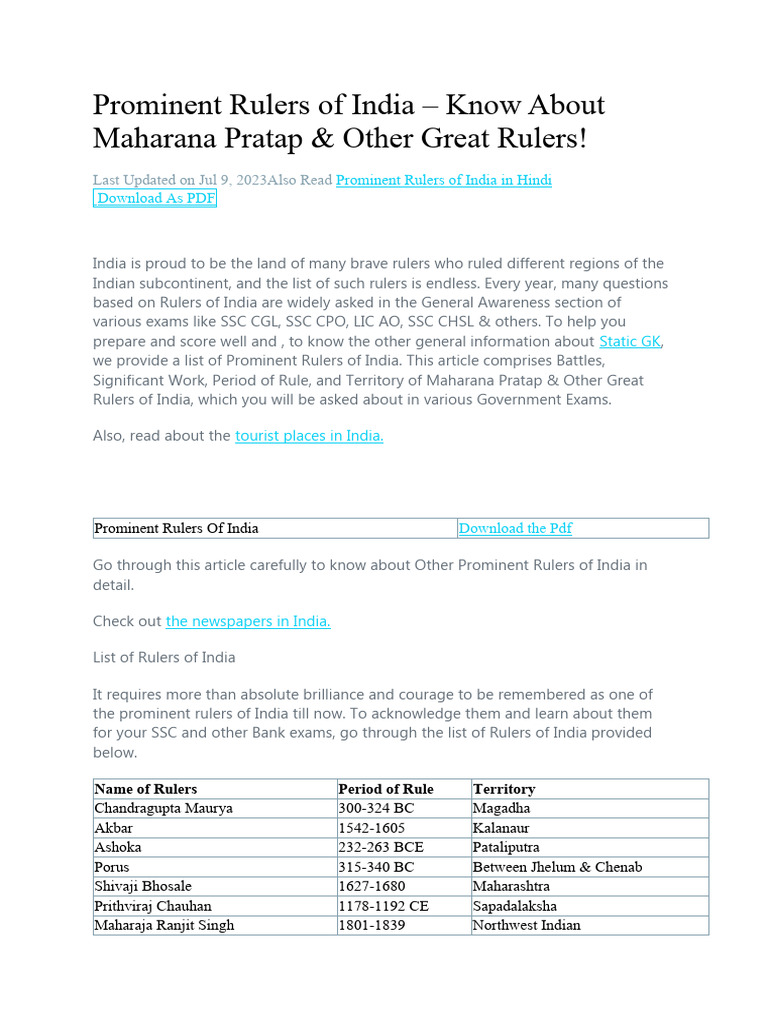 Prominent Rulers of India | PDF