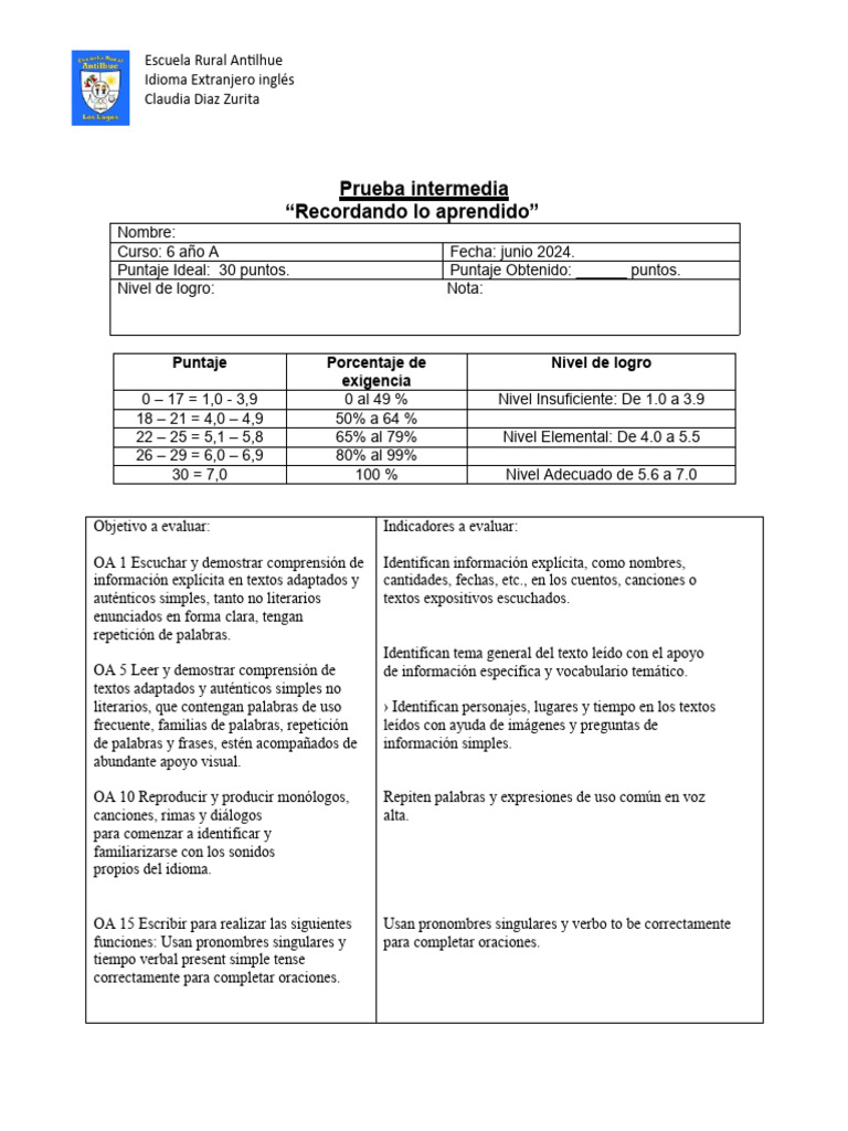 Prueba Intermedia 6 Inglés Junio | PDF | Idiomas del Reino Unido ...