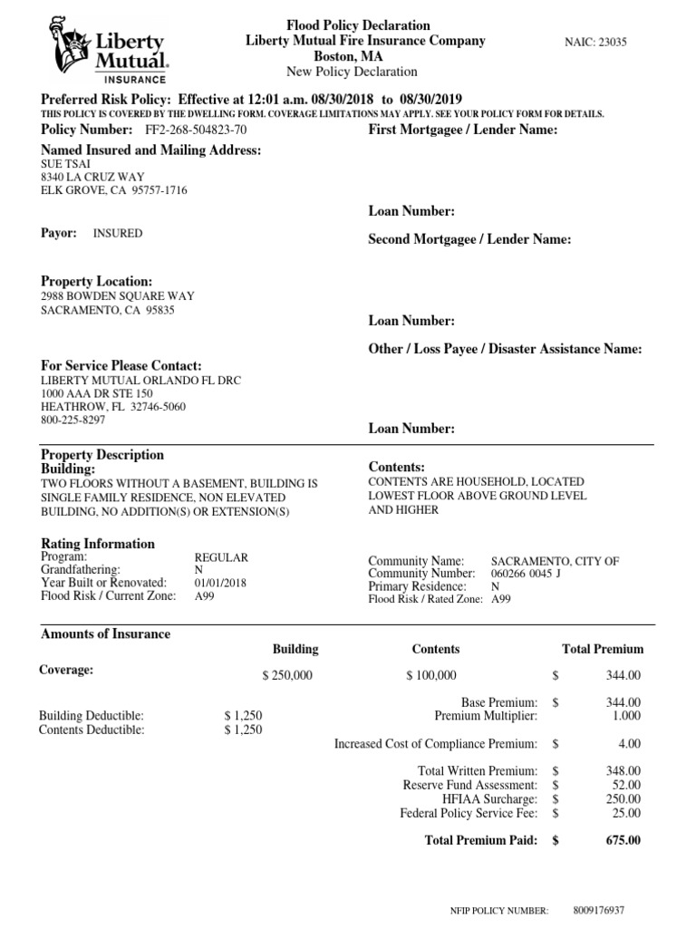 Flood Policy Declaration for Sue Tsai | PDF | Insurance | Deductible