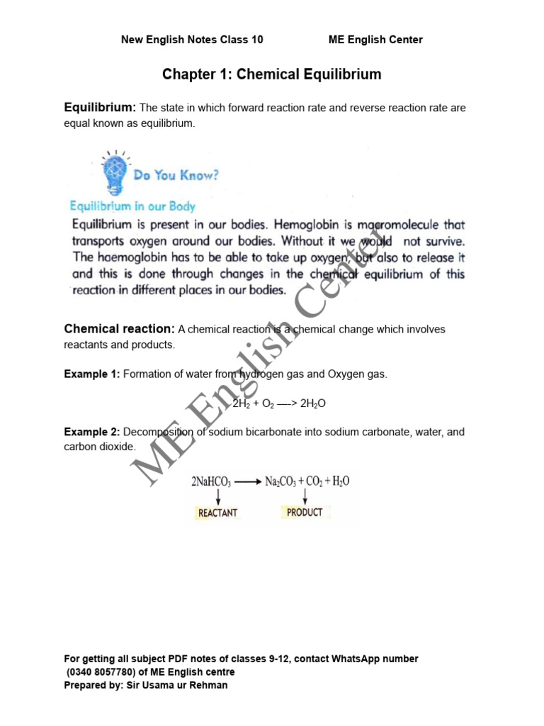New Chemistry Book Notes Class 10 Pdf Chemical Equilibrium
