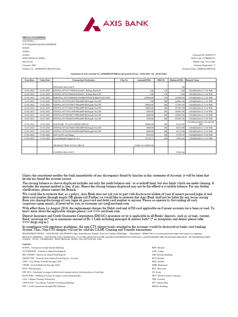 Axis Bank Account Statement Summary | PDF | Banks | Debit Card
