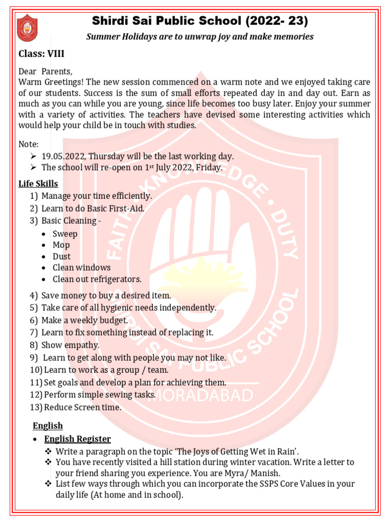 Summer Assignment for Class VIII 2022-23 | PDF | Language Arts ...