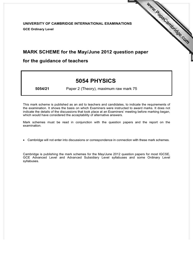 5054 PHYSICS: MARK SCHEME For The May/June 2012 Question Paper For The ...