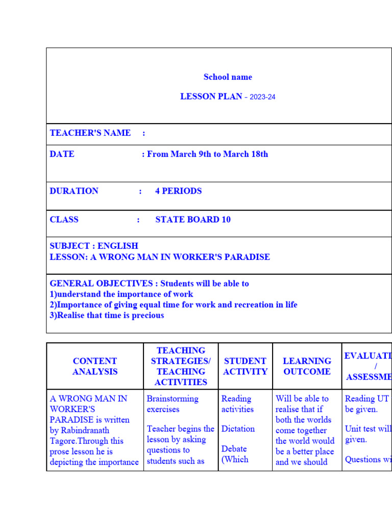 English Lesson Plans for State Board 10 | PDF | Reading Comprehension ...