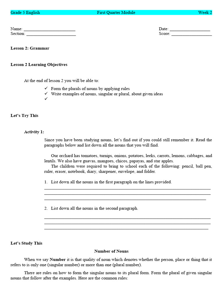 Grade 5 Grammar: Noun Plurals Guide | PDF | Plural | Grammatical Number