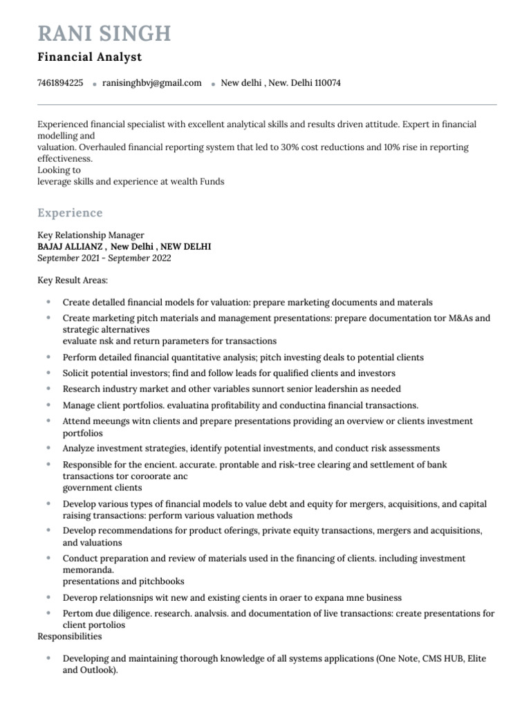 Rani singh resume pdf valuation finance investing