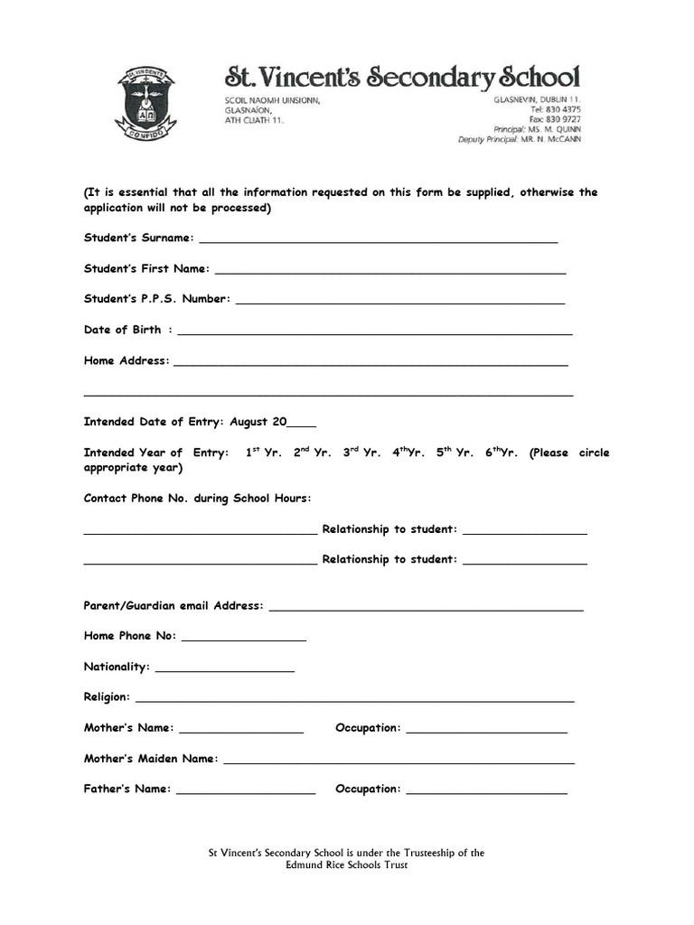 St Vincent's Secondary School Application Form | PDF