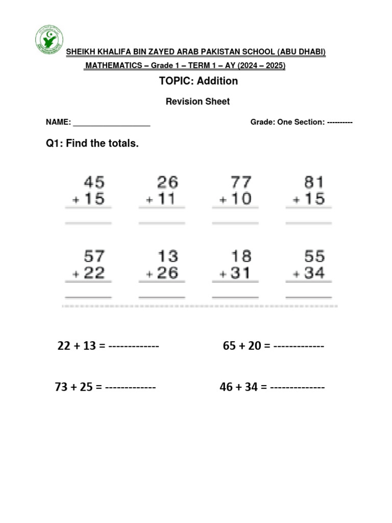 Grade 1 Addition Revision Sheet | PDF
