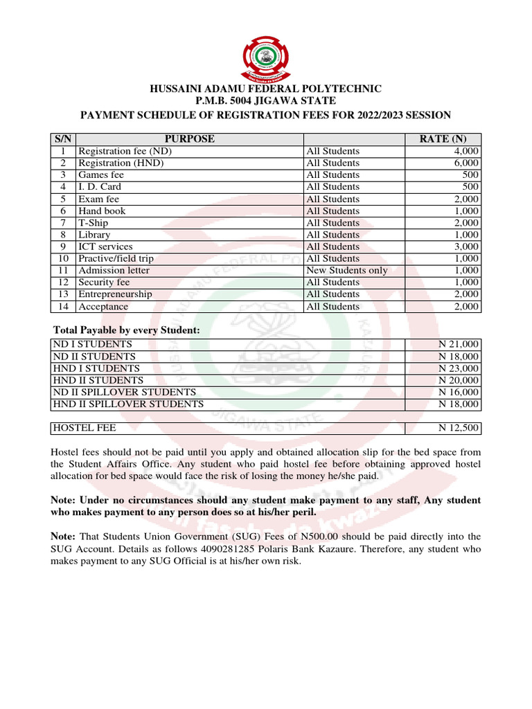 HAFEDPOLY-HND Registration 2022-2023-Payment - Schedule | PDF ...