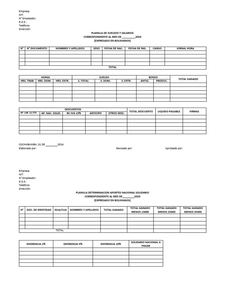 PLANILLA DE SUELDOS Y SALARIOS 2024 | PDF | Impuestos | Finanzas del ...