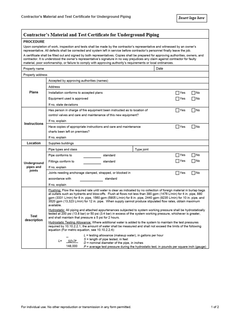 Certificate Underground Piping | PDF | Pipe (Fluid Conveyance) | Pressure