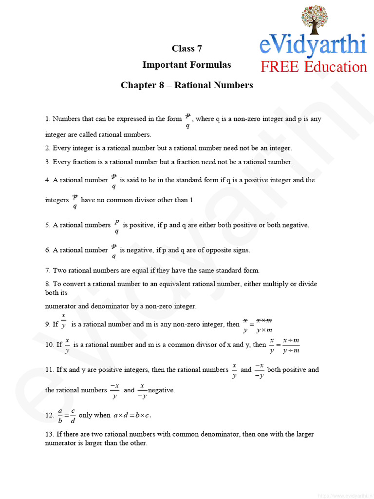 Class 7 Rational Numbers Formulas | PDF | Rational Number | Numbers
