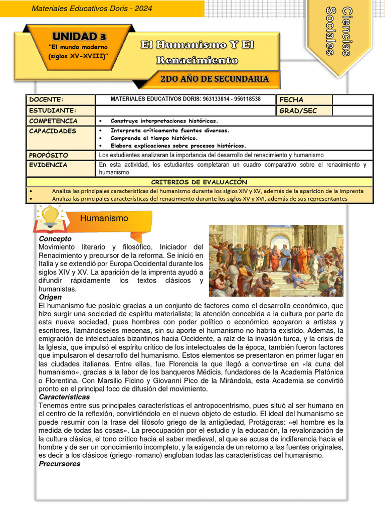 Ficha de Actividad CCSS 2° - Semana 2 | PDF | Renacimiento | Miguel Ángel