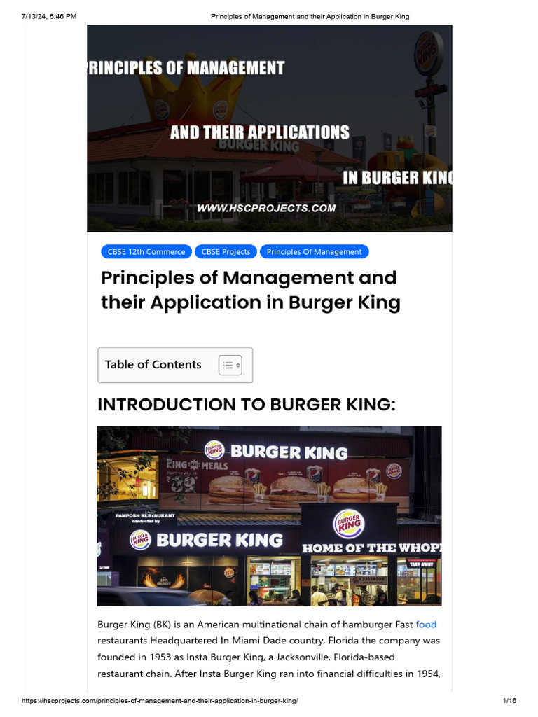 Principles of Management and their Application in Burger King ...