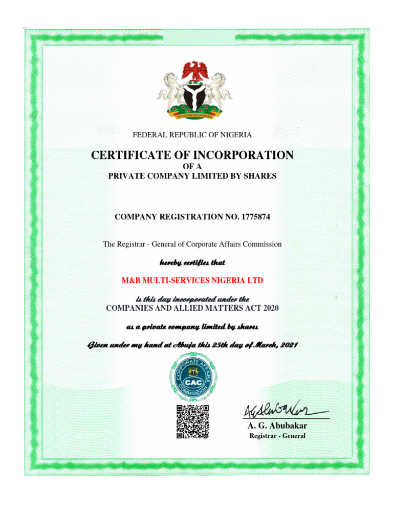 Certificate - M&B Multi-Services Nigeria LTD | PDF