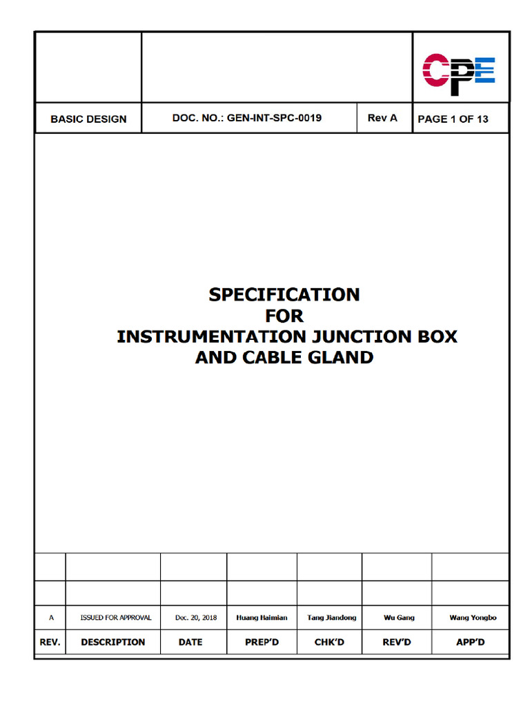 GEN-INT-SPC-0019 Specification For Instrumentation Junction Box & Cable ...