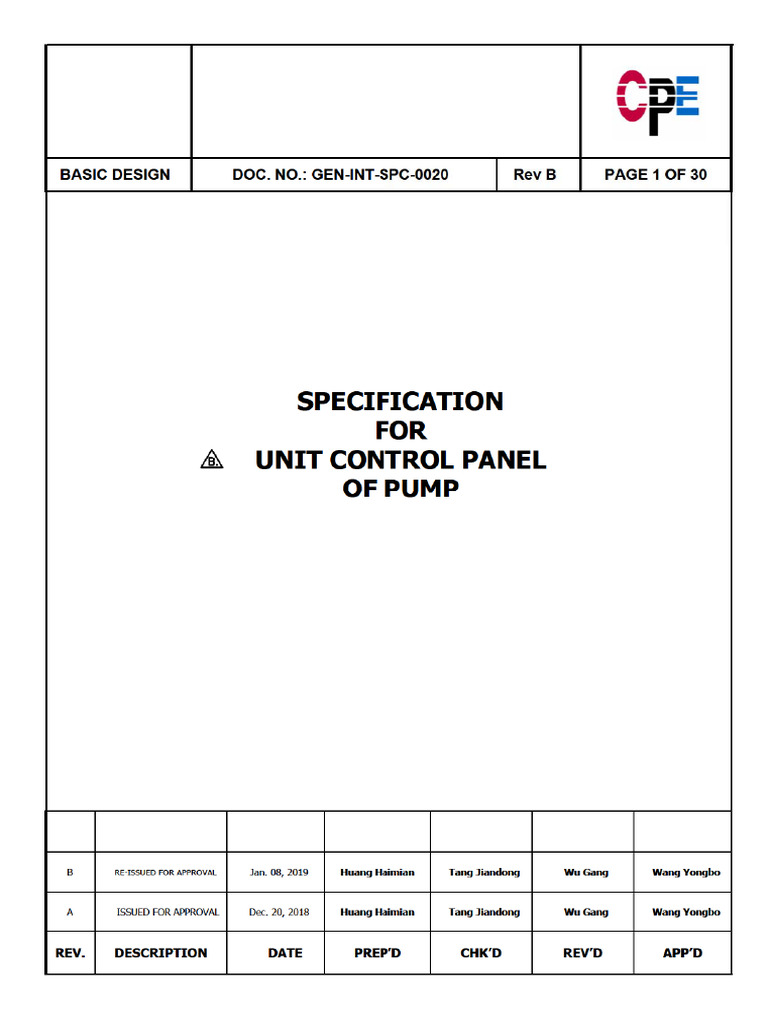 GEN-INT-SPC-0020 Specification For Unit Control Panel of Pump | PDF