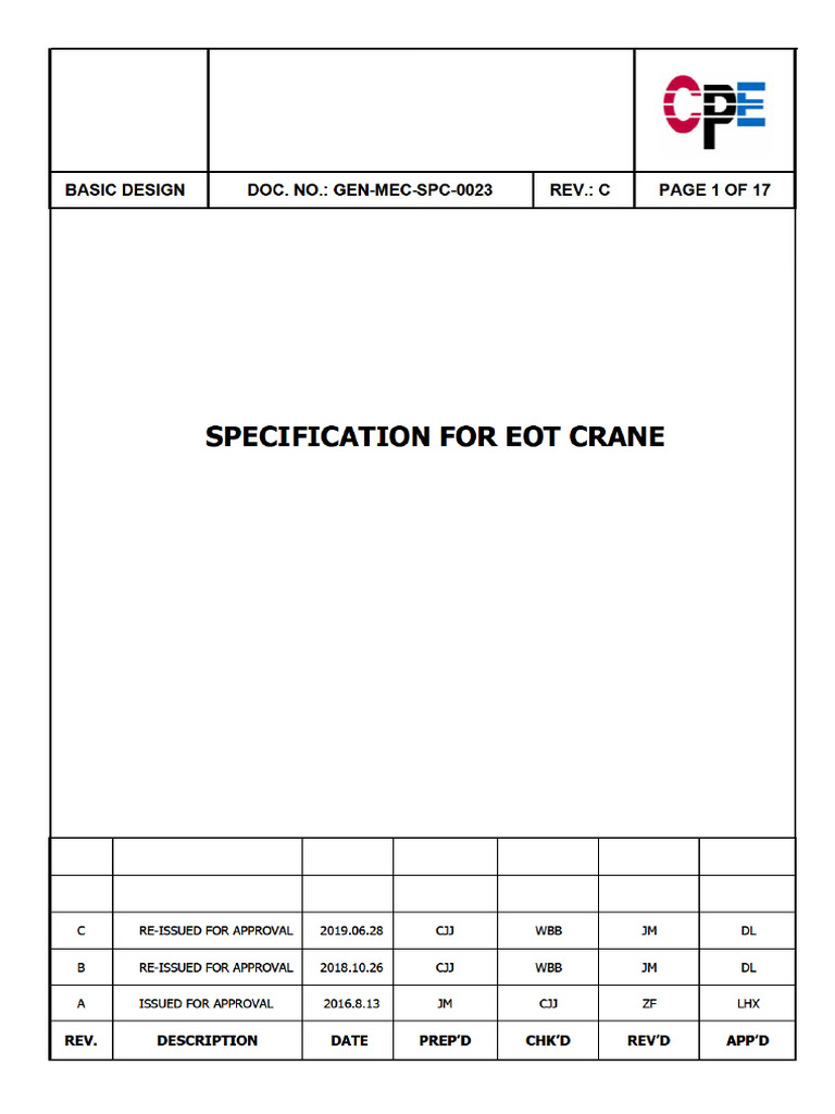 GEN-MEC-SPC-0023 Specification For EOT Crane | PDF