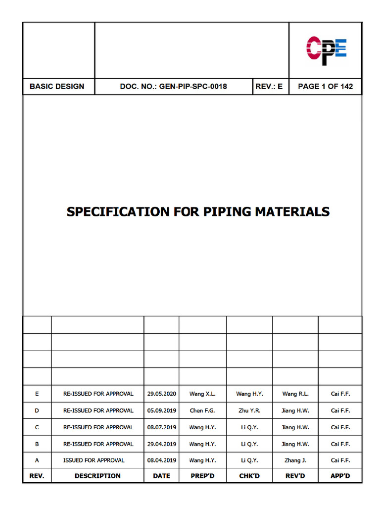 GEN-PIP-SPC-0018 Specification For Piping Materials 0608 | PDF