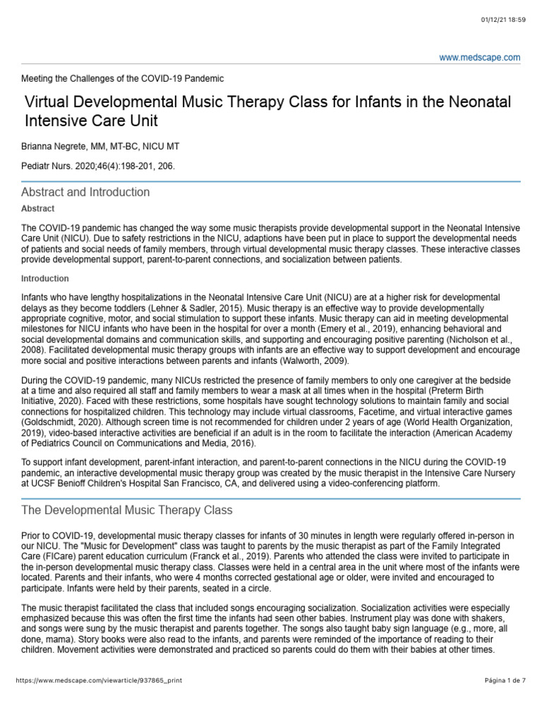 Virtual Music Therapy for NICU Infants | PDF | Neonatal Intensive Care ...