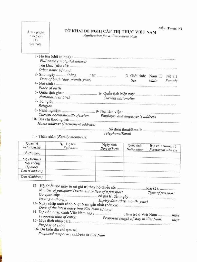 Vietnamese Visa Application Form | PDF