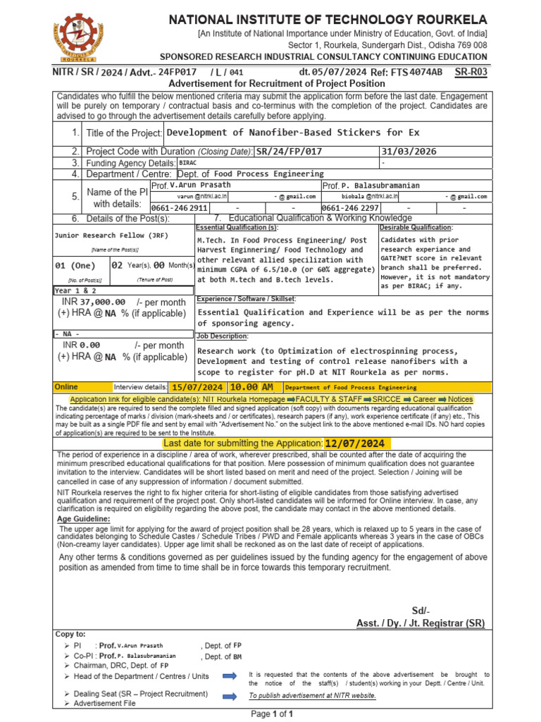 NIT Rourkela JRF Position in Food Engineering | PDF | Engineering