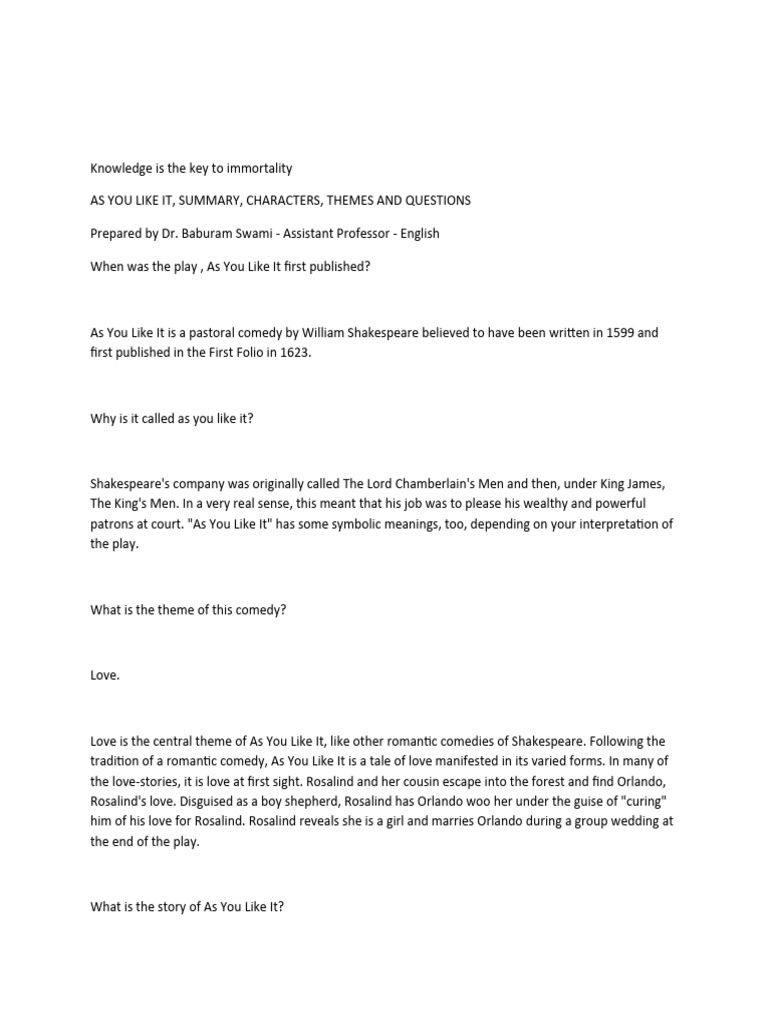 As You Like It: Summary & Themes | PDF | As You Like It