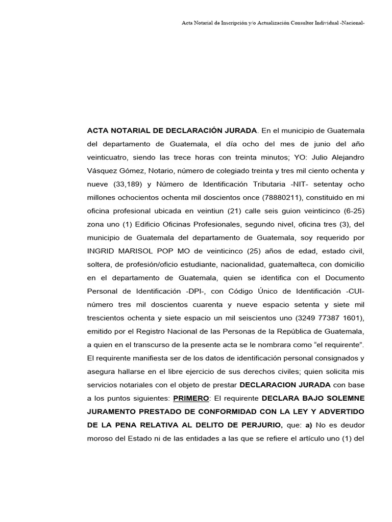 Acta Notarial de Declaración Jurada | PDF | Guatemala