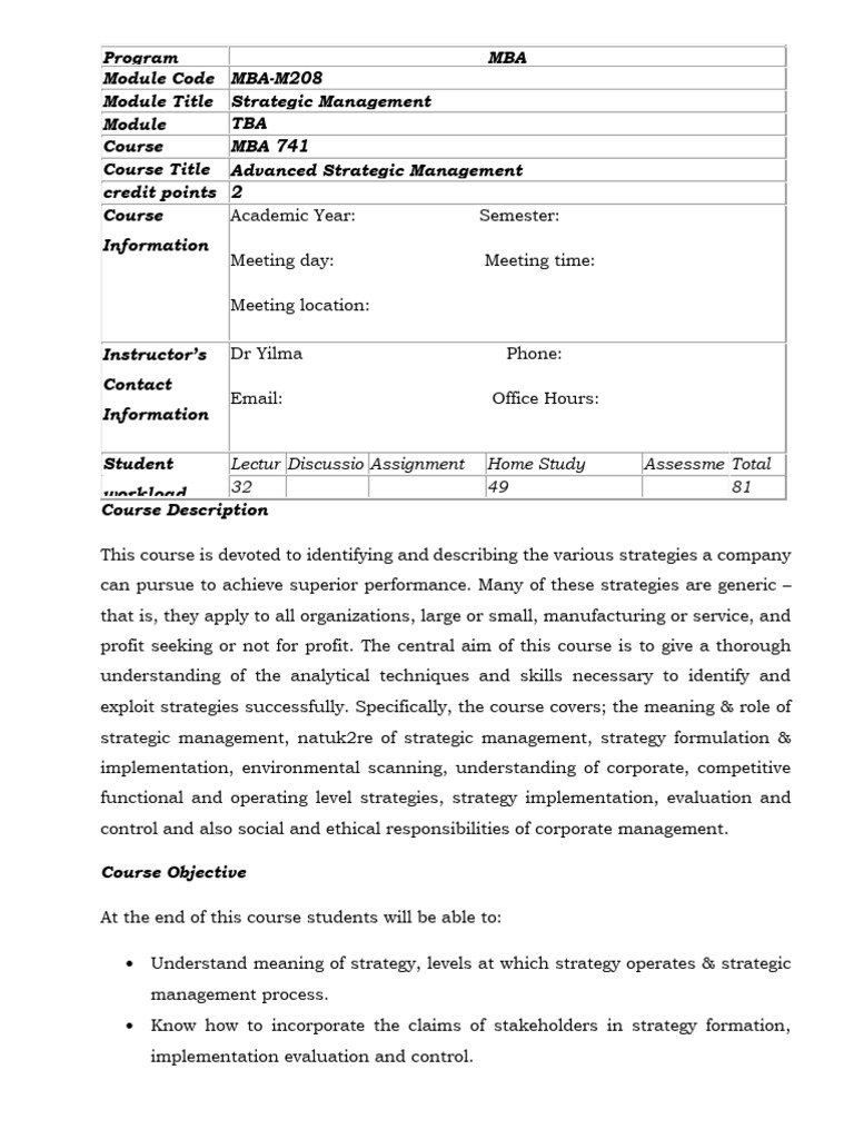 Advanced Strategic Management Course | PDF | Strategic Management ...