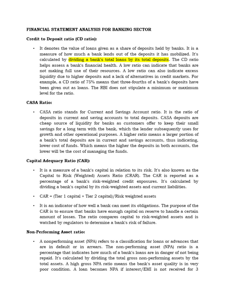 Banking Sector Financial Ratios Explained Pdf Banks Loans
