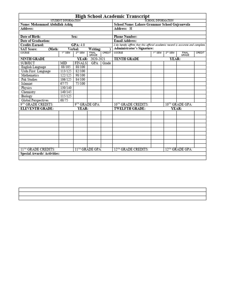 High School Transcript Editable | PDF