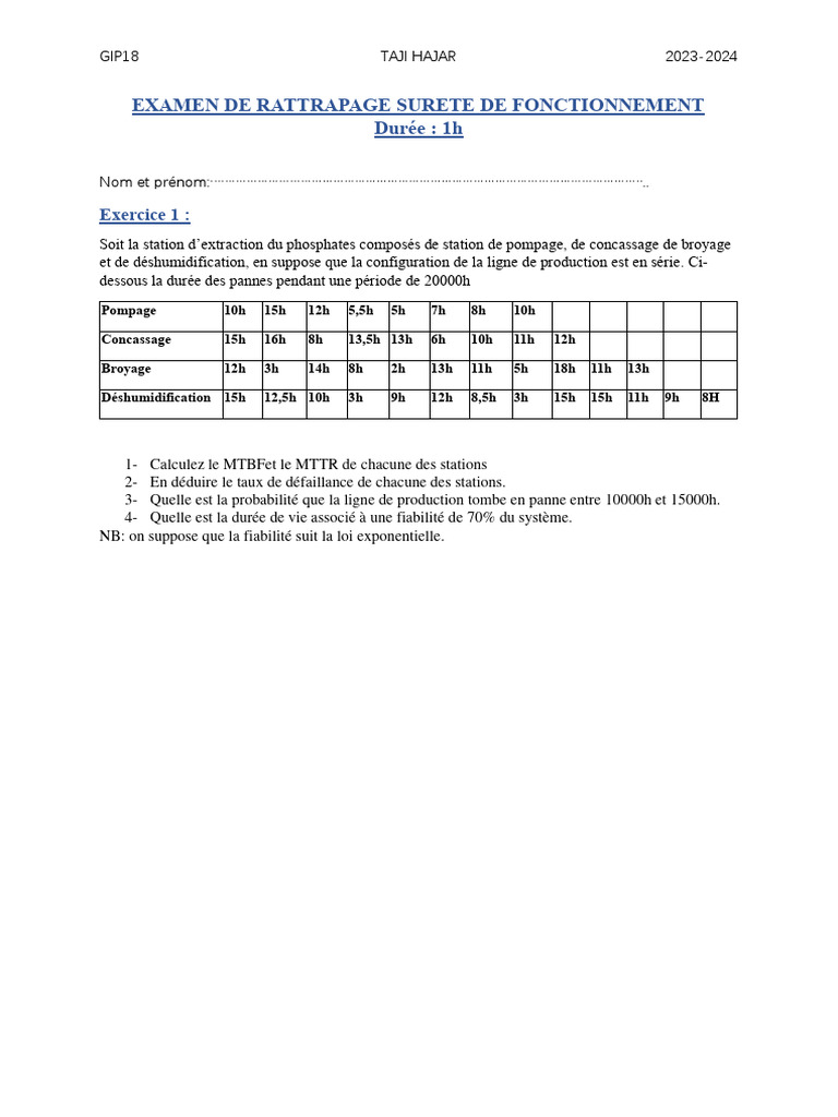 Examen de rattrapage : Sûreté de fonctionnement | PDF | Probabilité ...