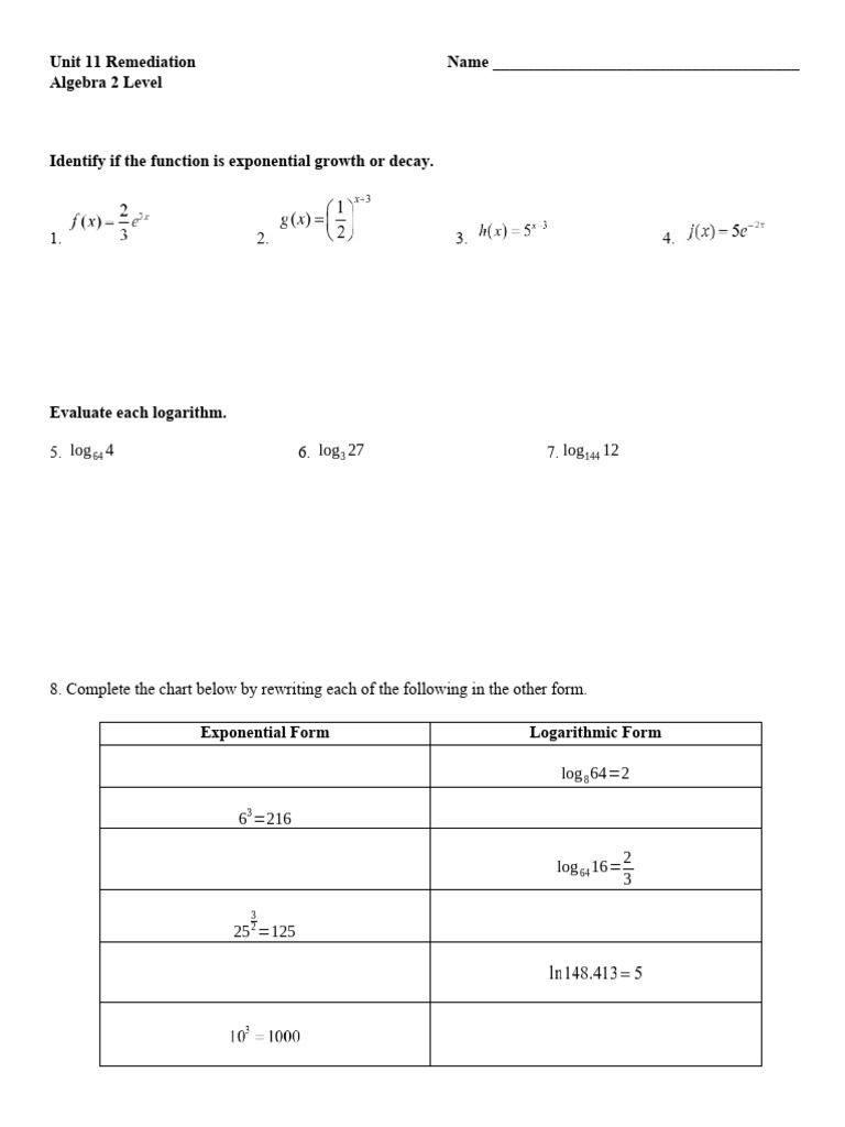 Unit+11+Remediation | Download Free PDF | Logarithm | Exponential Function