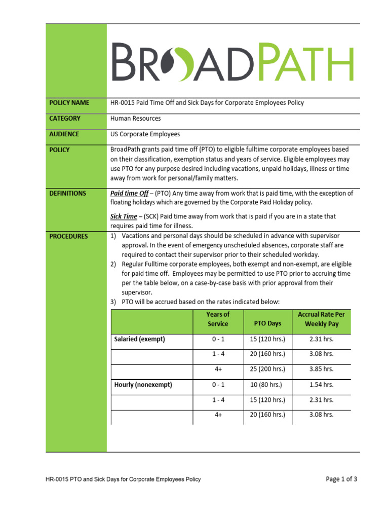 Corporate PTO and Sick Days Policy | PDF | Sick Leave | Employment