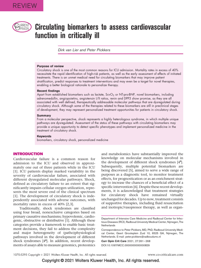 Circulating Biomarkers To Assess Cardiovascular Function in Critically ...