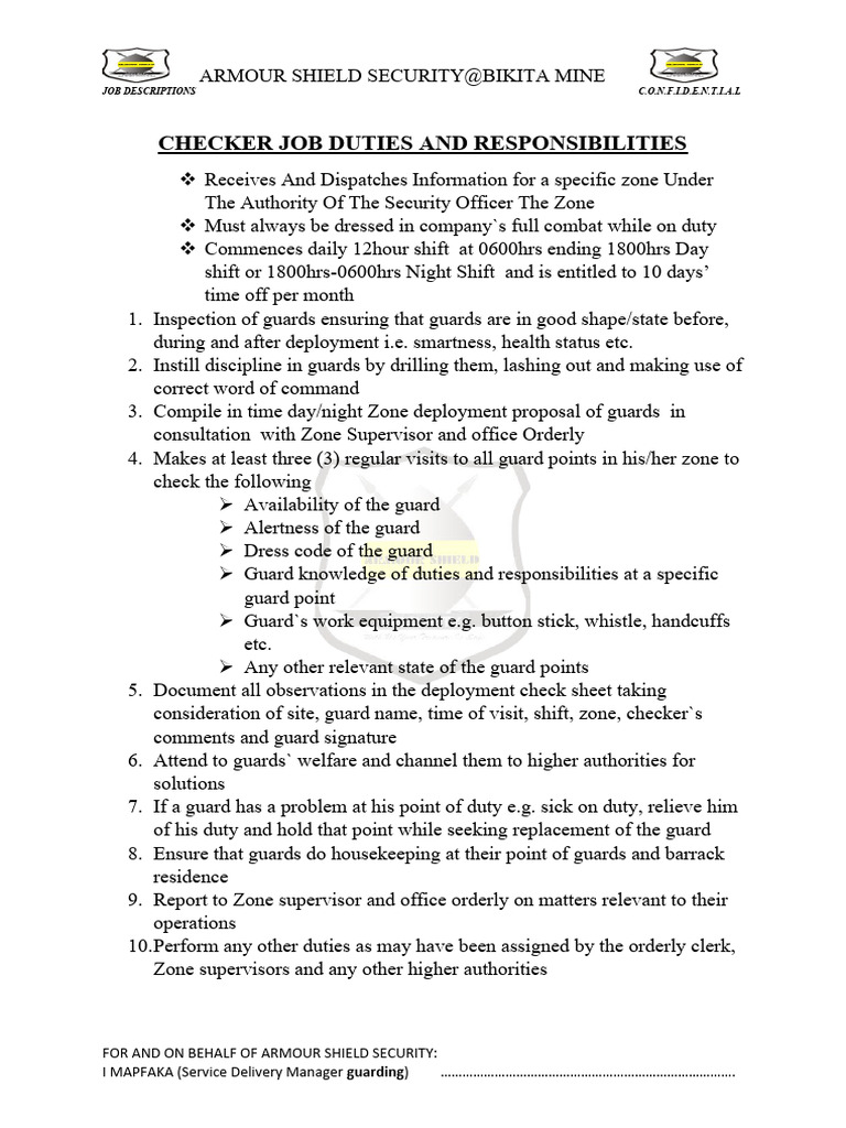 CHECKER JOB DESCRIPTIONS PDF