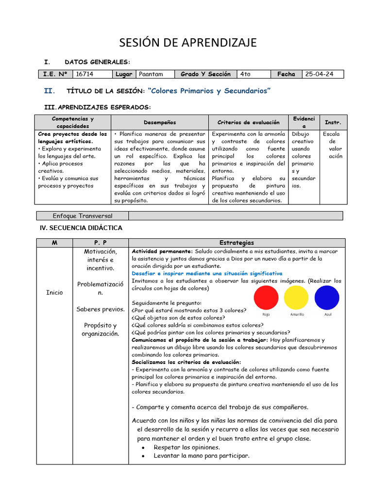 Actividades de Colores Primarios y Secundarios | PDF | Evaluación | Dibujo