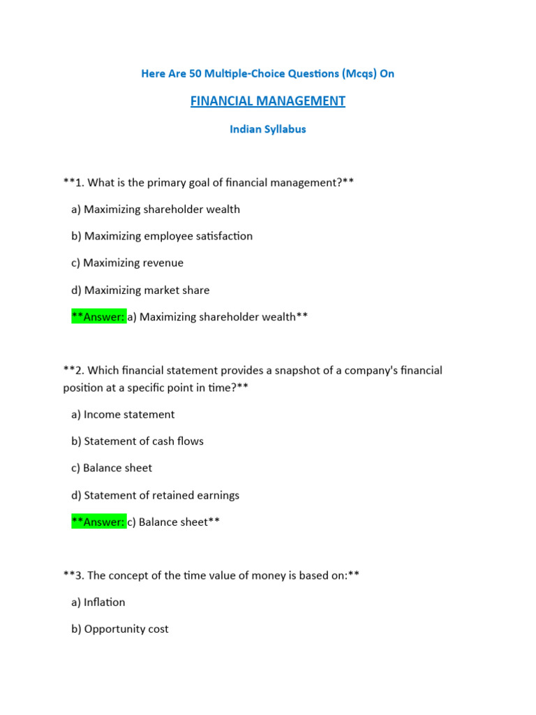 50 MCQs on Financial Management | PDF | Net Present Value | Cost Of Capital