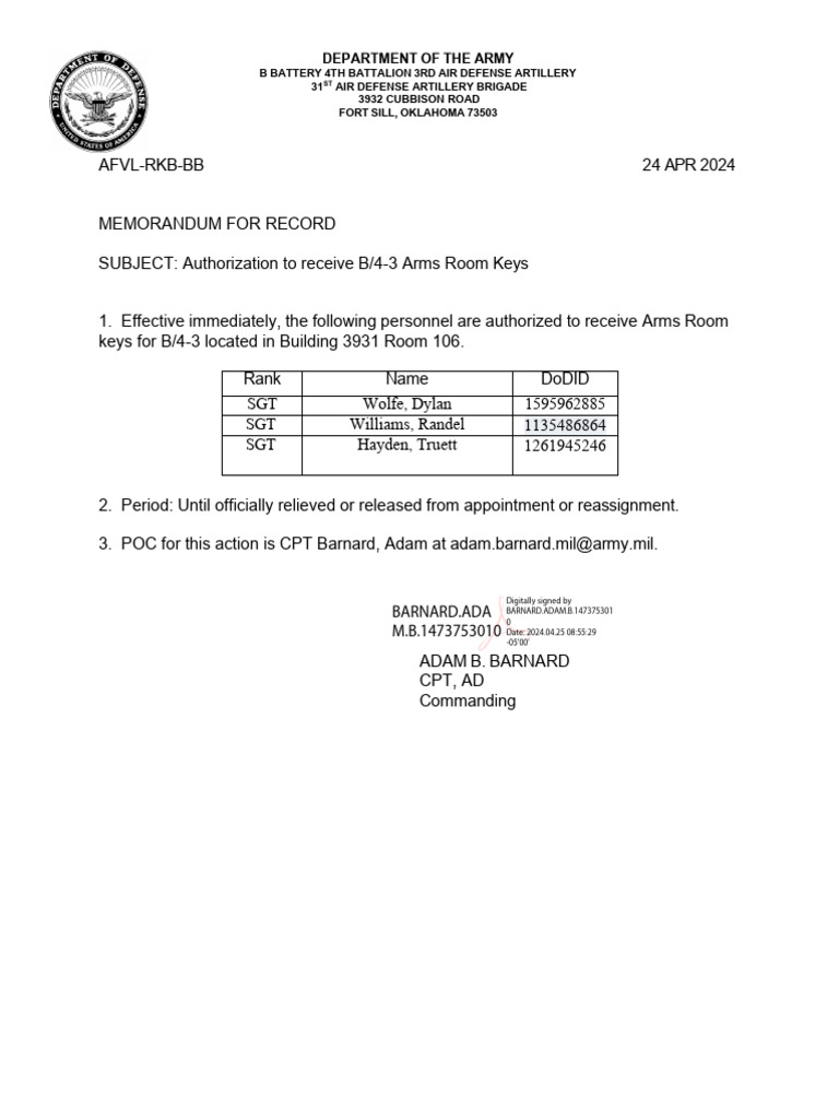 Arms Room Key Authorization Memo | PDF