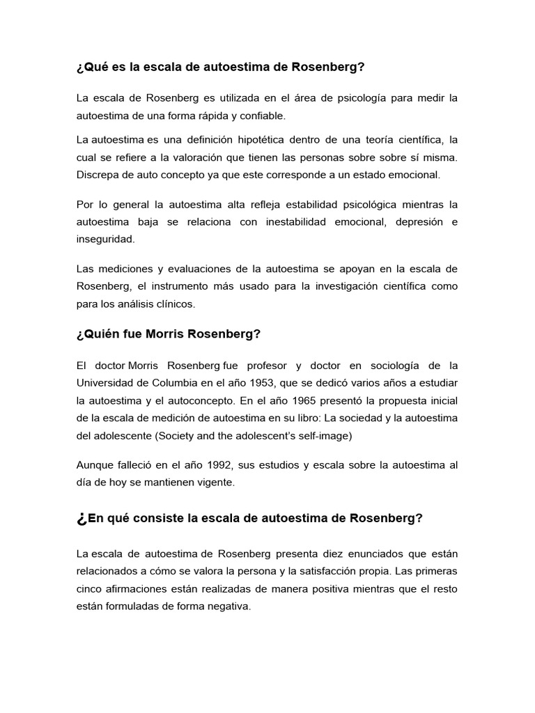 Qué es la escala de autoestima de Rosenberg | Descargar gratis PDF ...