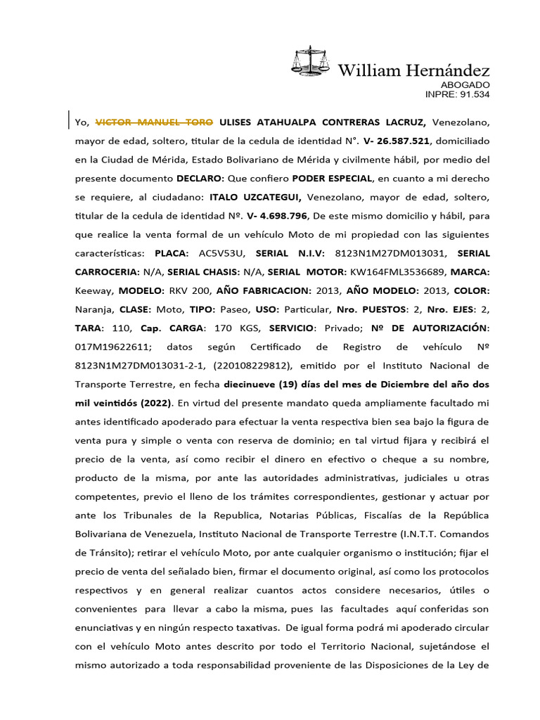 Poder Especial para Venta de Moto | PDF | Justicia | Crimen y violencia