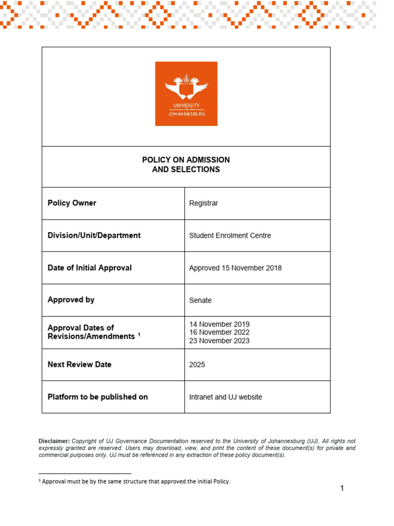 Policy On Admission and Selections | PDF | Academic Degree | University ...